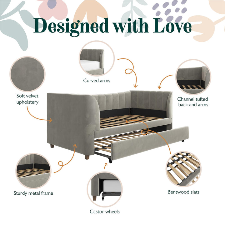 Valentina Upholstered Daybed with Trundle and Vertical Stitching - Gray - Twin