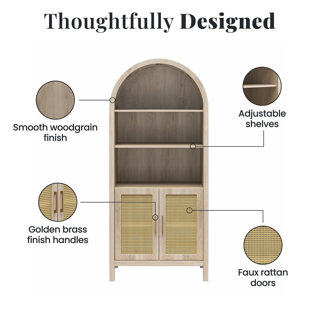 RealRooms Anaya Tall Arched Storage Cabinet with Faux Rattan Doors, Blonde Oak - Blonde Oak