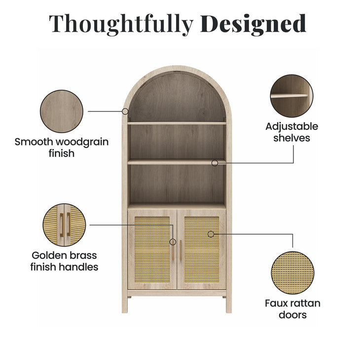 RealRooms Anaya Tall Arched Storage Cabinet with Faux Rattan Doors, Blonde Oak - Blonde Oak