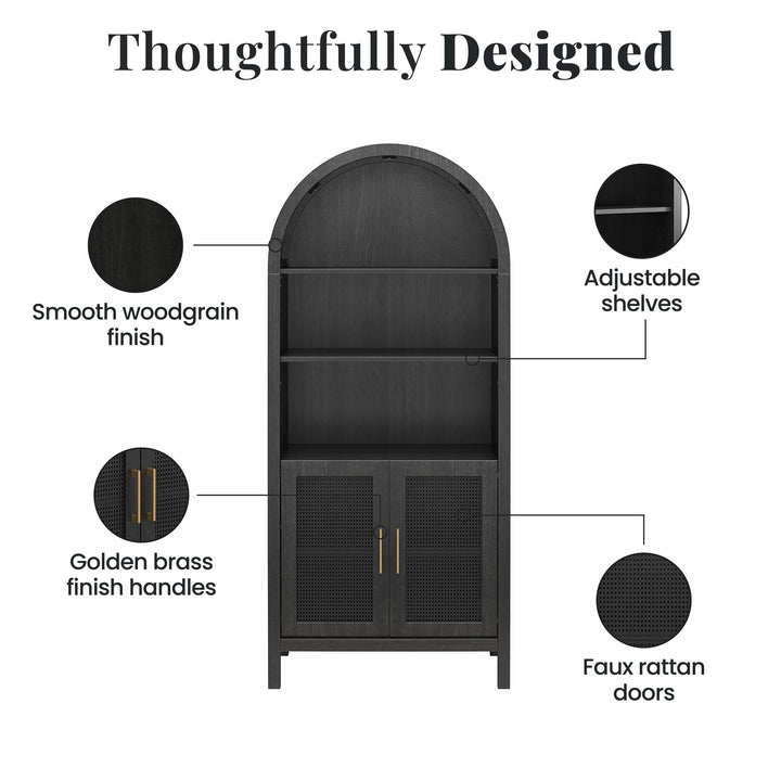 RealRooms Anaya Tall Arched Storage Cabinet with Faux Rattan Doors, Shadow Oak - Shadow Oak
