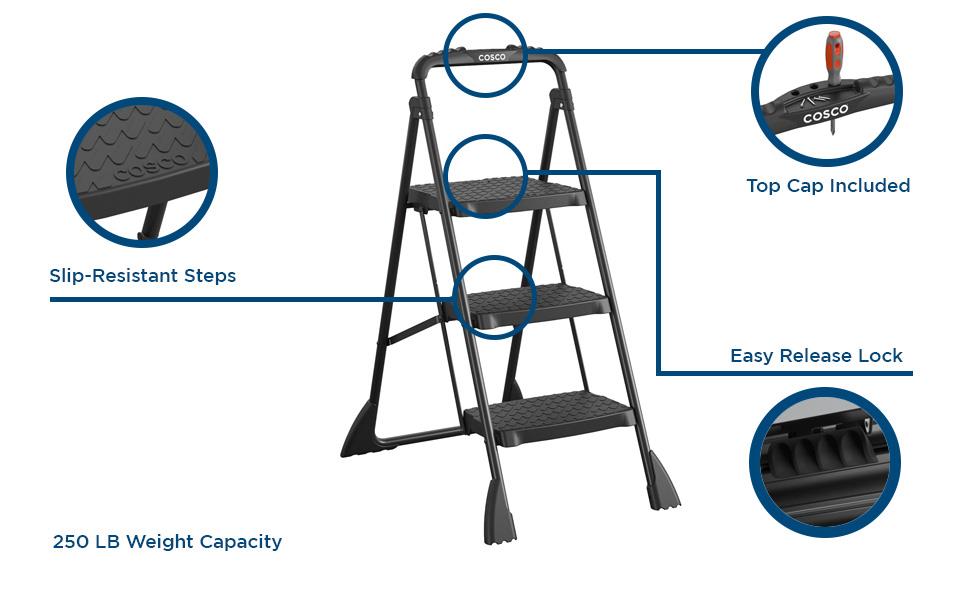 COSCO 3-Step Ladder, Folding Step Stool with Top Cap, Anti-Slip Steps, 250 lbs. Capacity - Black