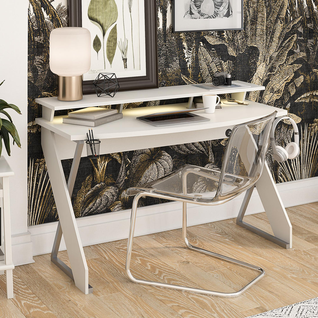 Xtreme Gaming Desk with Riser and LED Lights - White