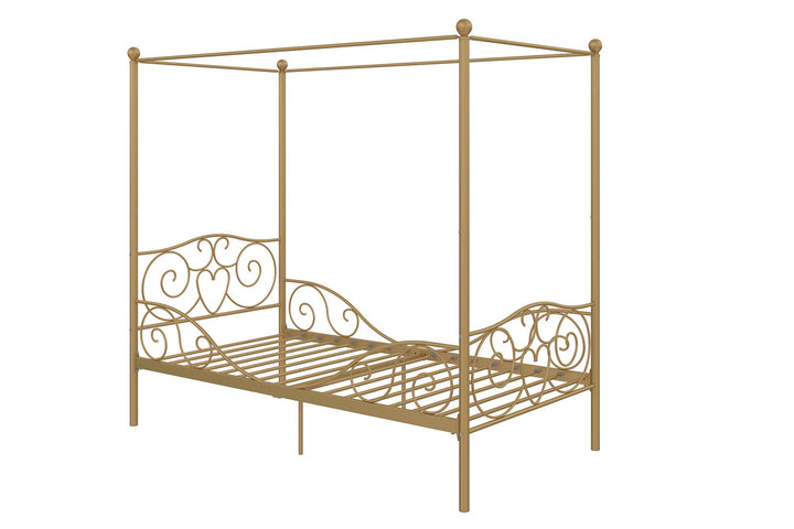 Canopy Metal Bed Frame with Intricate Design Headboard and Secured Slats - Gold - Twin