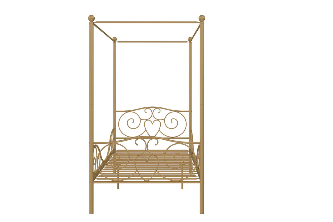 Canopy Metal Bed Frame with Intricate Design Headboard and Secured Slats - Gold - Twin