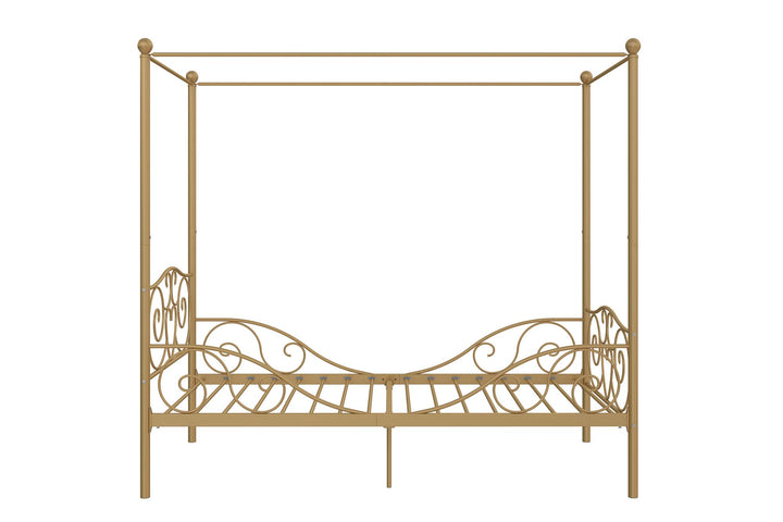 Canopy Metal Bed Frame with Intricate Design Headboard and Secured Slats - Gold - Twin