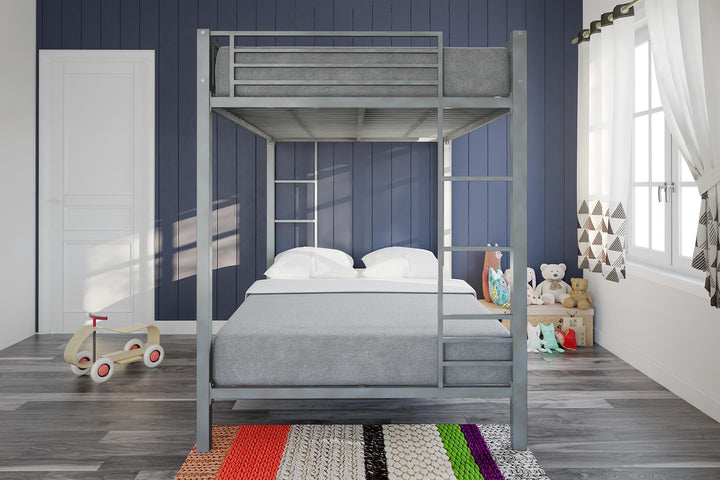 Full over Full Bunk Bed with Sturdy Metal Frame and Simple Design - Silver - Full-Over-Full
