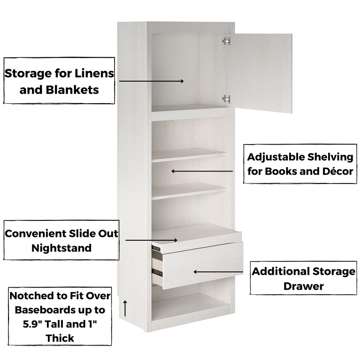 Paramount Single Bedside Bookcase with Pullout Nightstand and Storage - Gray Oak