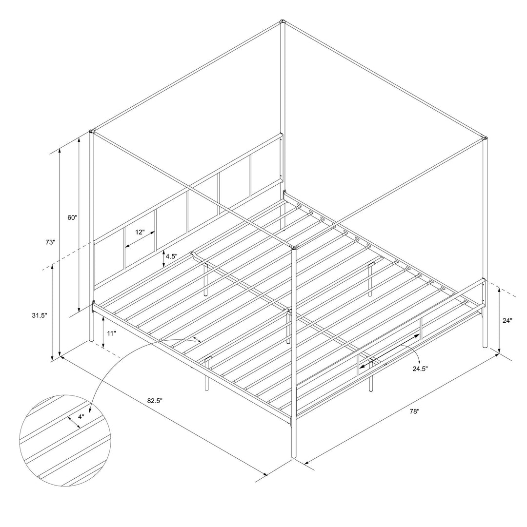 Marion Four Poster Metal Canopy Bed with Soft Clean Lines - Black - King