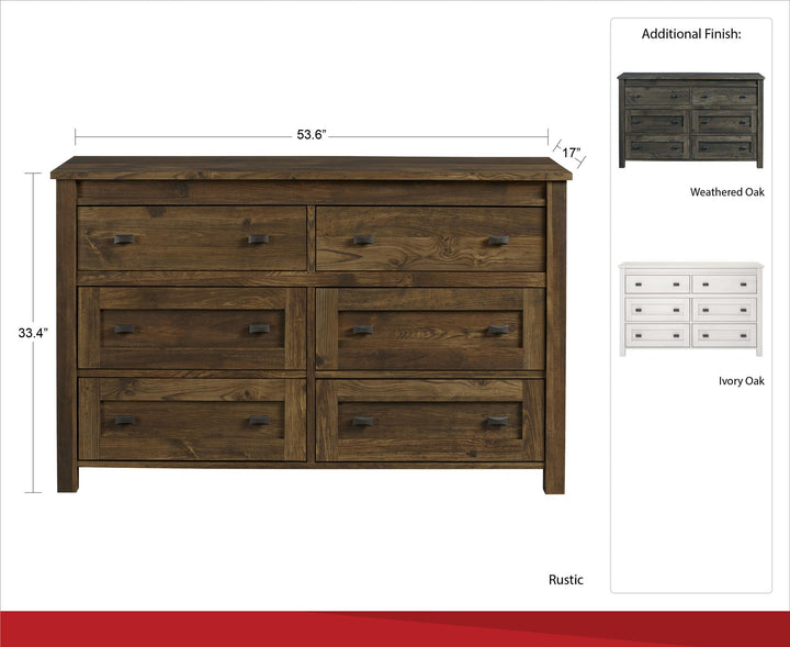 Farmington 6 Drawer Rustic Farmhouse Dresser with Linen Interiors - Weathered Oak