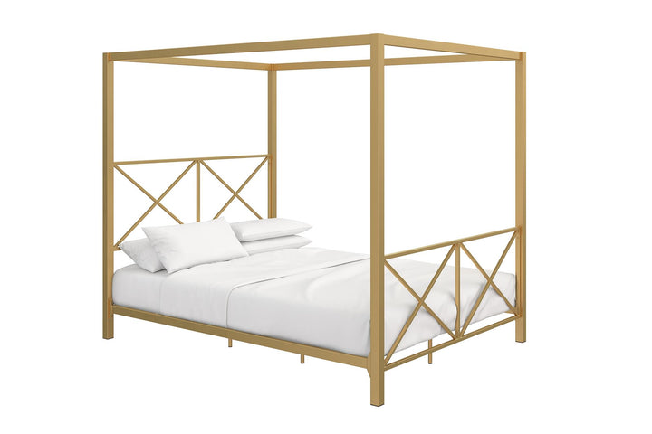 Rosedale Metal Four-Poster Canopy Bed with Crisscross Headboard and Footboard - Gold - Queen