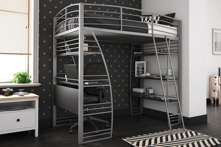 Sage Studio Twin Loft Bed with Integrated Desk and Shelves - Silver - Twin