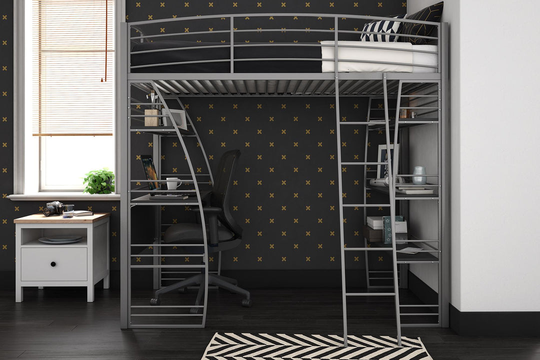 Sage Studio Twin Loft Bed with Integrated Desk and Shelves - Silver - Twin