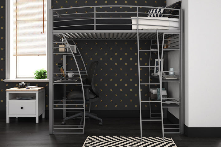 Sage Studio Twin Loft Bed with Integrated Desk and Shelves - Silver - Twin