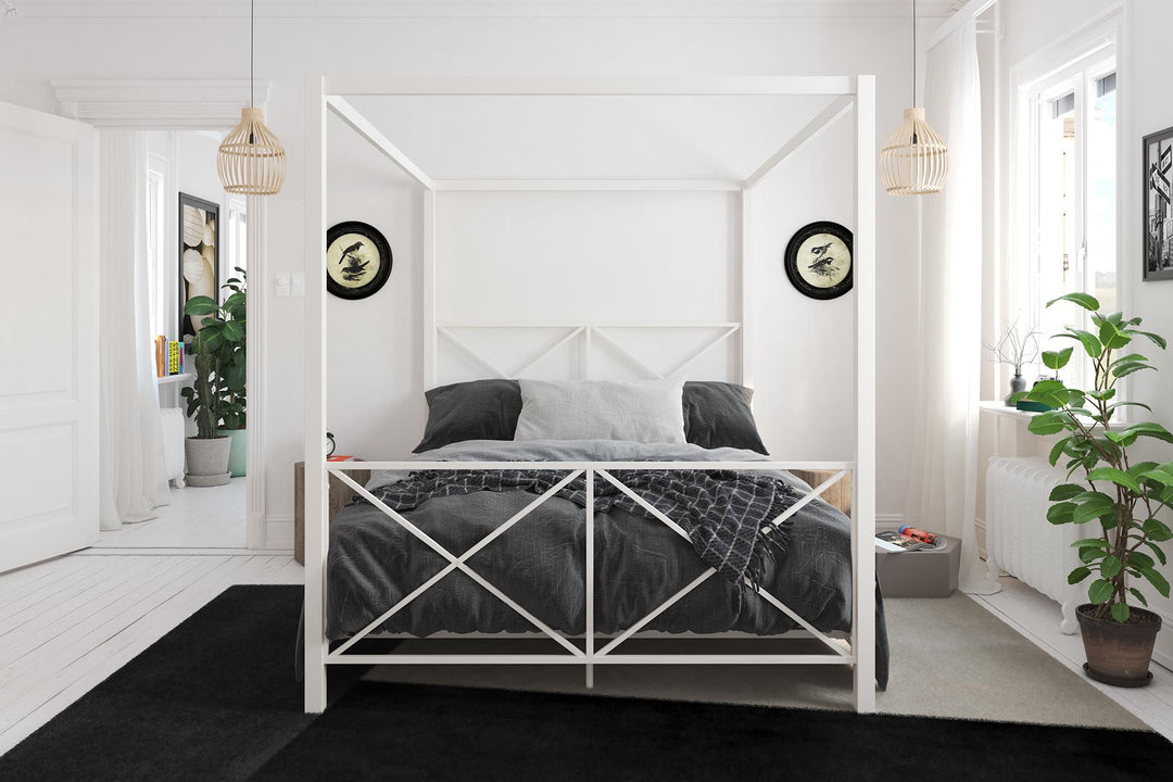 Rosedale Metal Four-Poster Canopy Bed with Crisscross Headboard and Footboard - White - Queen