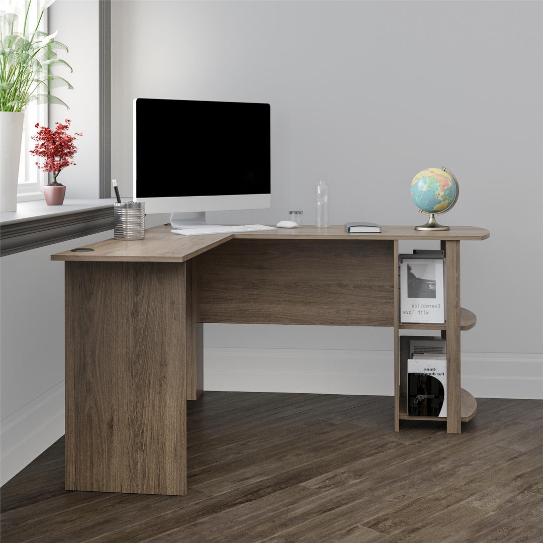 Dakota Computer L Desk with Side Bookshelf and Large Worksurface - Rustic Oak