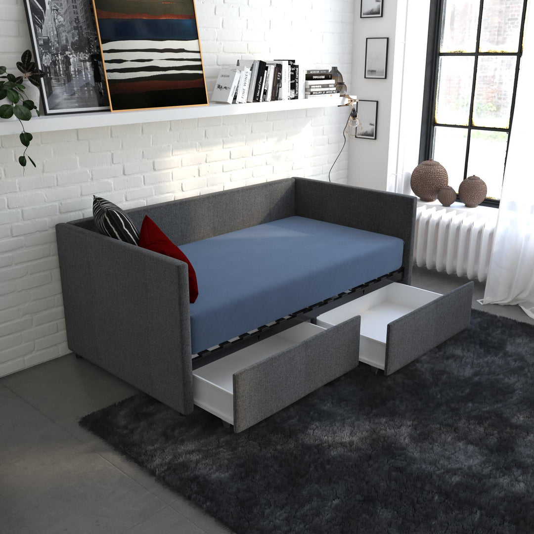 Upholstered Daybed with Wooden Slats and Storage Drawers - Grey Linen - Twin