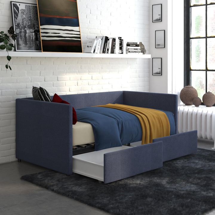 Upholstered Daybed with Wooden Slats and Storage Drawers - Blue Linen - Twin