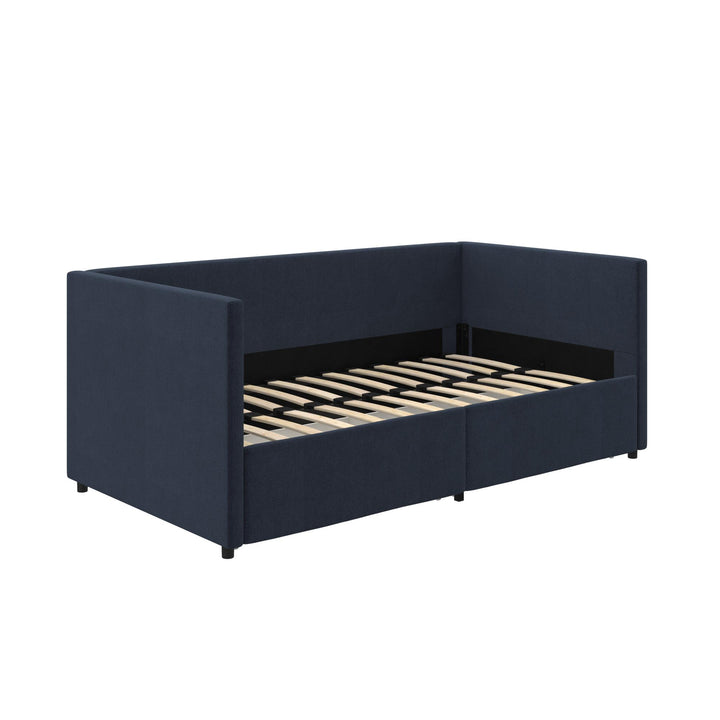 Upholstered Daybed with Wooden Slats and Storage Drawers - Blue Linen - Twin