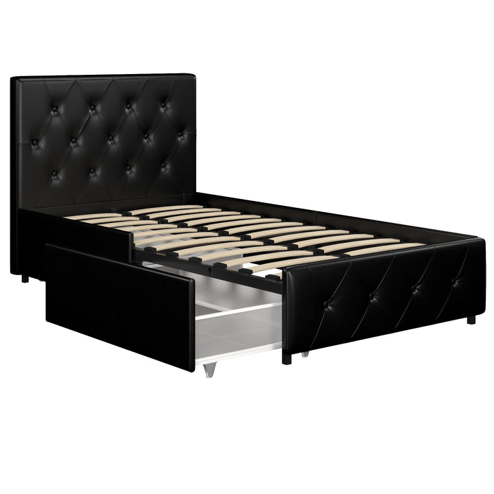 Dakota Upholstered Bed with Left Or Right Storage Drawers - Black Faux Leather - Twin