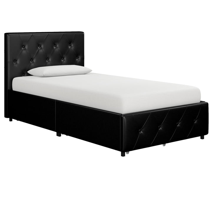Dakota Upholstered Bed with Left Or Right Storage Drawers - Black Faux Leather - Twin