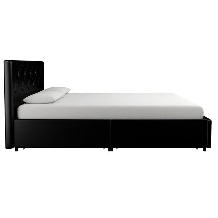 Dakota Upholstered Bed with Left Or Right Storage Drawers - Black Faux Leather - Queen