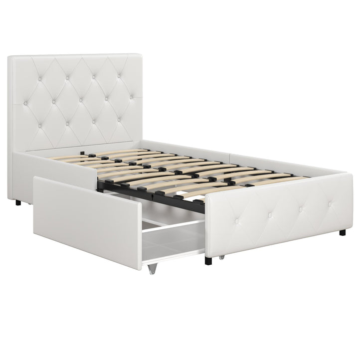 Dakota Upholstered Bed with Left Or Right Storage Drawers - White Faux leather - Twin
