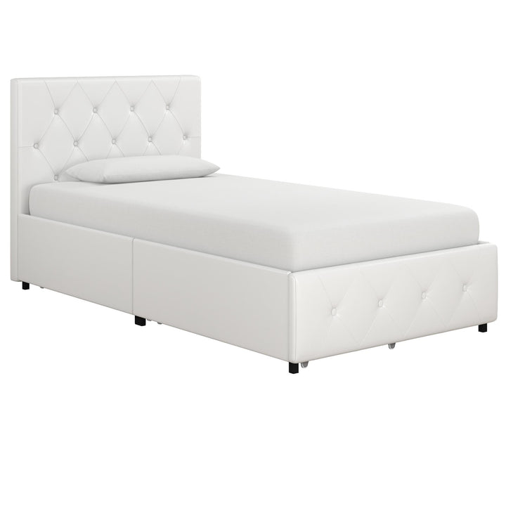 Dakota Upholstered Bed with Left Or Right Storage Drawers - White Faux leather - Twin