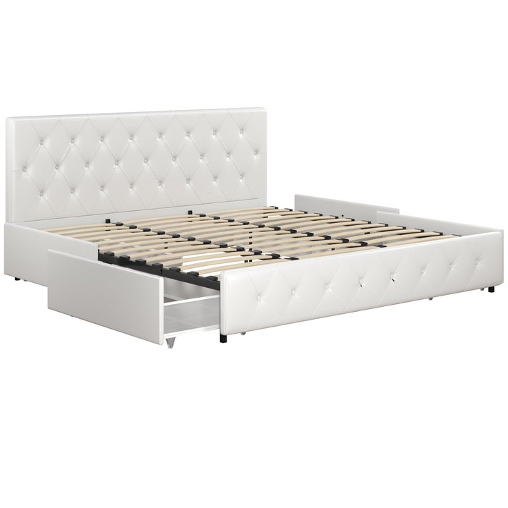 Dakota Upholstered Bed with Left Or Right Storage Drawers - White Faux leather - King