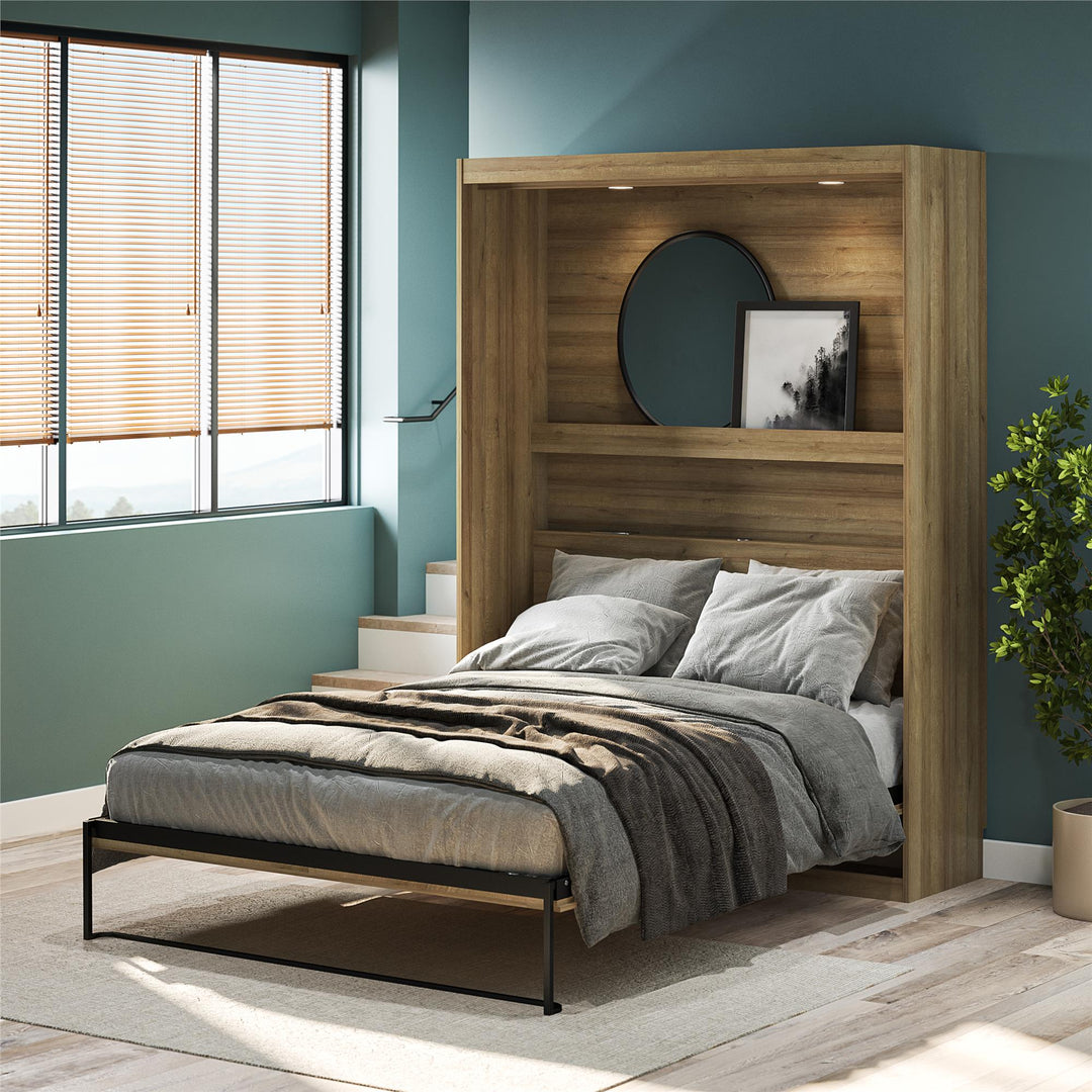 Impressions Full Wall Bed with Gallery Shelf & Touch Sensor LED Lighting - Natural
