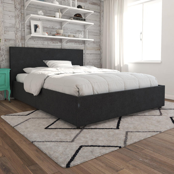 4 Drawer Bed with Upholstery -  Dark Gray Linen 