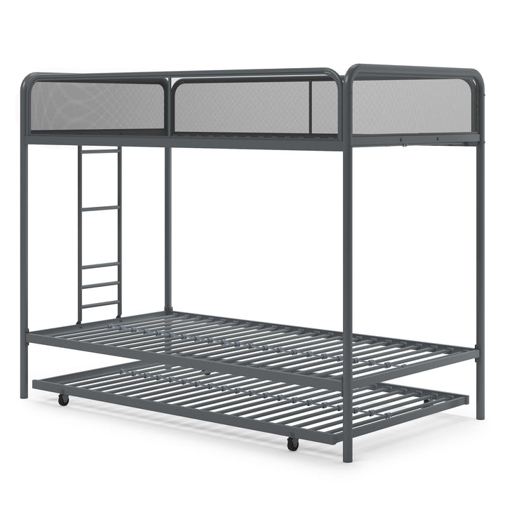 Triple Metal Twin over Twin Bunk Bed with Trundle and Integrated Ladder - Gray - Twin-Over-Twin