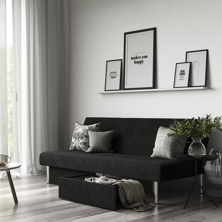 Sola Upholstered Storage Futon with 2 Drawers and Chrome Legs - Black