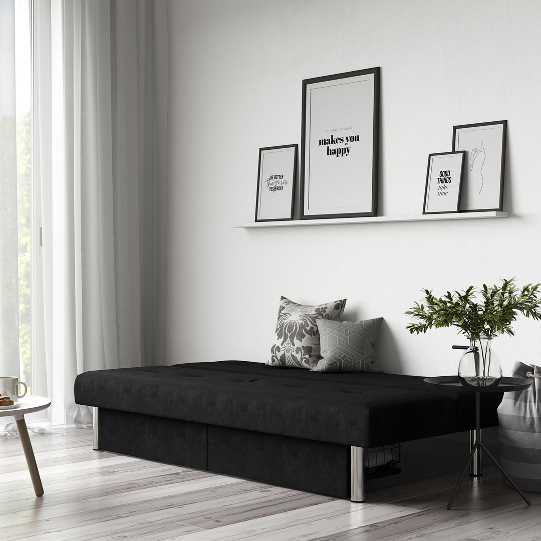 Sola Upholstered Storage Futon with 2 Drawers and Chrome Legs - Black
