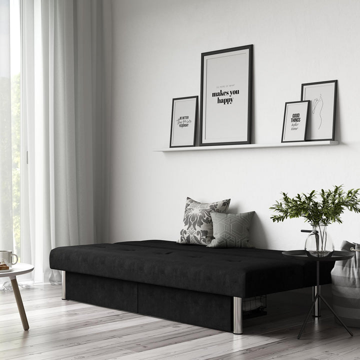 Sola Upholstered Storage Futon with 2 Drawers and Chrome Legs - Black