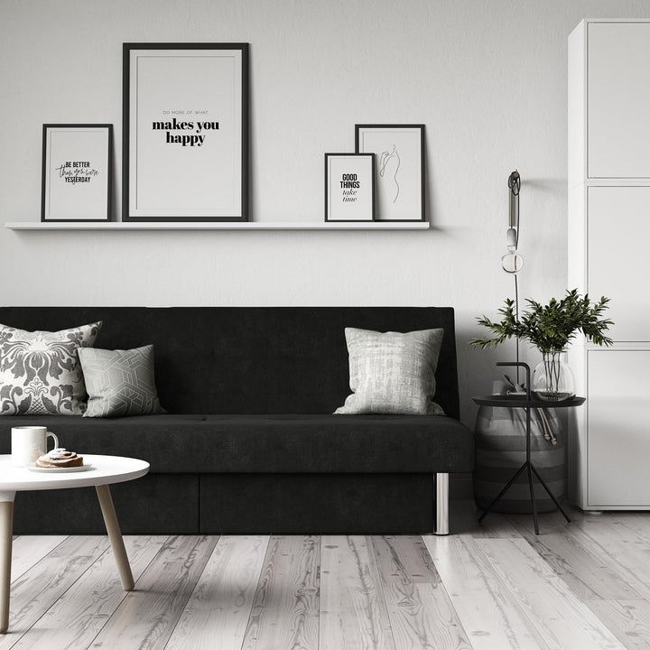 Sola Upholstered Storage Futon with 2 Drawers and Chrome Legs - Black
