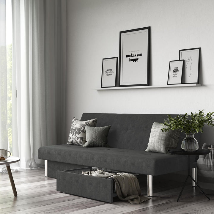 Sola Upholstered Storage Futon with 2 Drawers and Chrome Legs - Gray