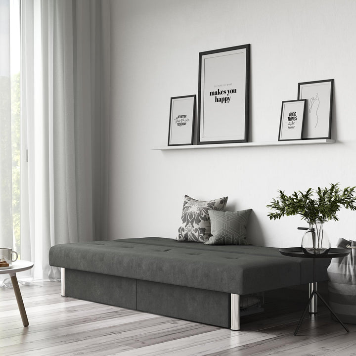 Sola Upholstered Storage Futon with 2 Drawers and Chrome Legs - Gray