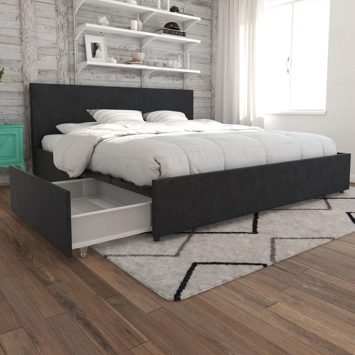 Kelly Upholstered Bed with 4 Storage Drawers - Dark Gray Linen - King