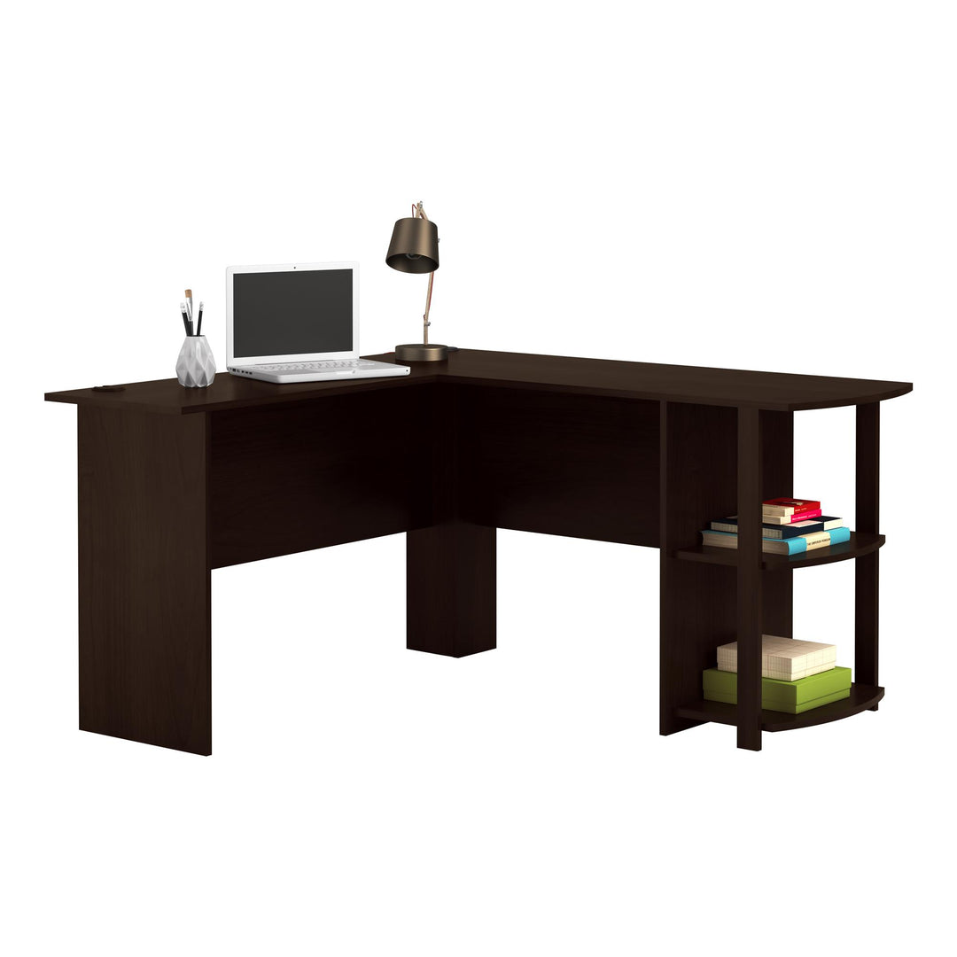 Dakota Computer L Desk with Side Bookshelf and Large Worksurface - Espresso