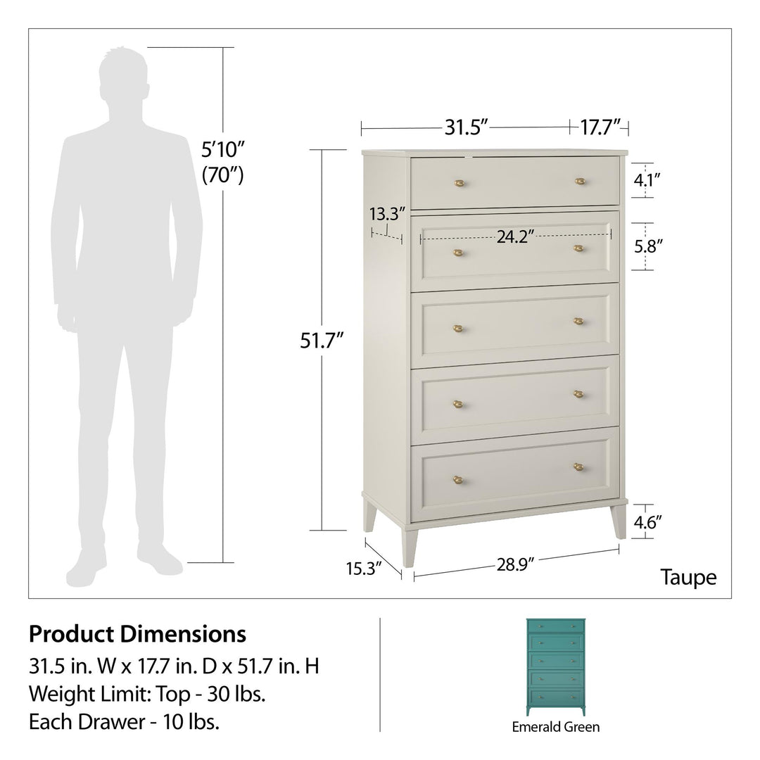 Monticello Tall 5 Drawer Dresser with Gold Accents - Sharkey Grey