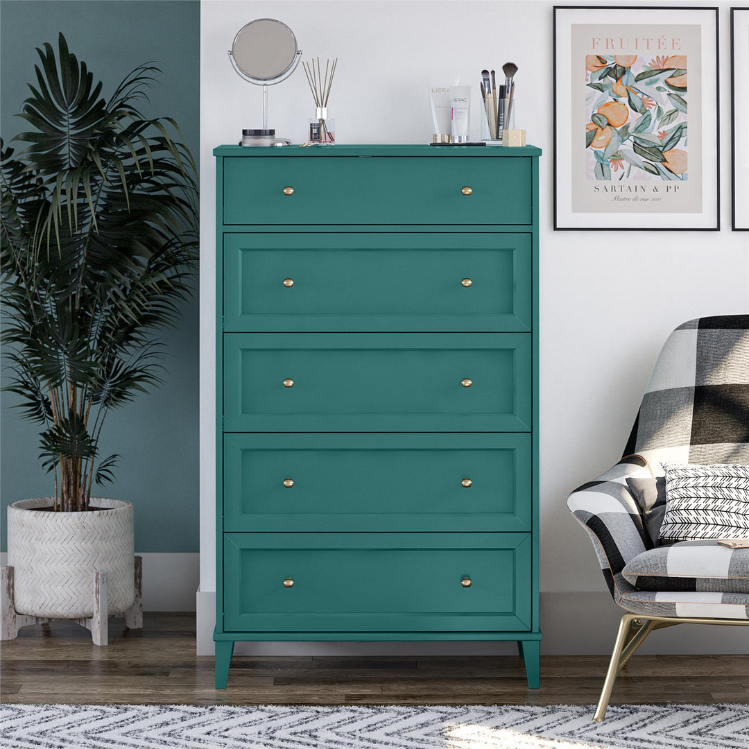 Monticello Tall 5 Drawer Dresser with Gold Accents - Emerald Green