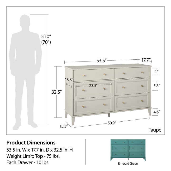 Monticello Wide 6 Drawer Dresser with Gold Accents - Sharkey Grey