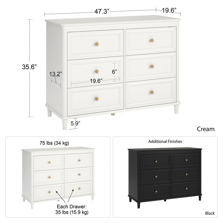Piper Painted 6 Drawer Dresser with Solid Wood Spindle Feet - Black