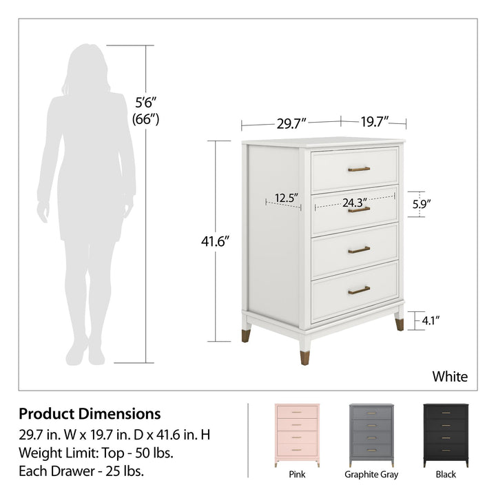 Westerleigh 4 Drawer Dresser with Gold Accents - White