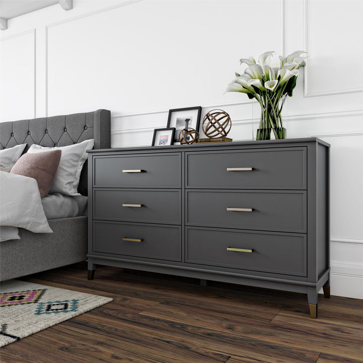 Westerleigh 6 Drawer Dresser with Gold Knobs - Graphite Grey