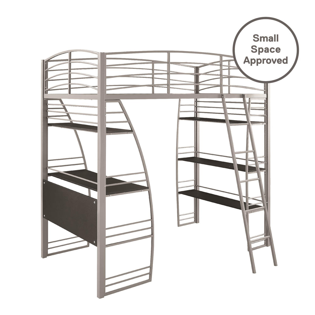Sage Studio Twin Loft Bed with Integrated Desk and Shelves - Silver - Twin