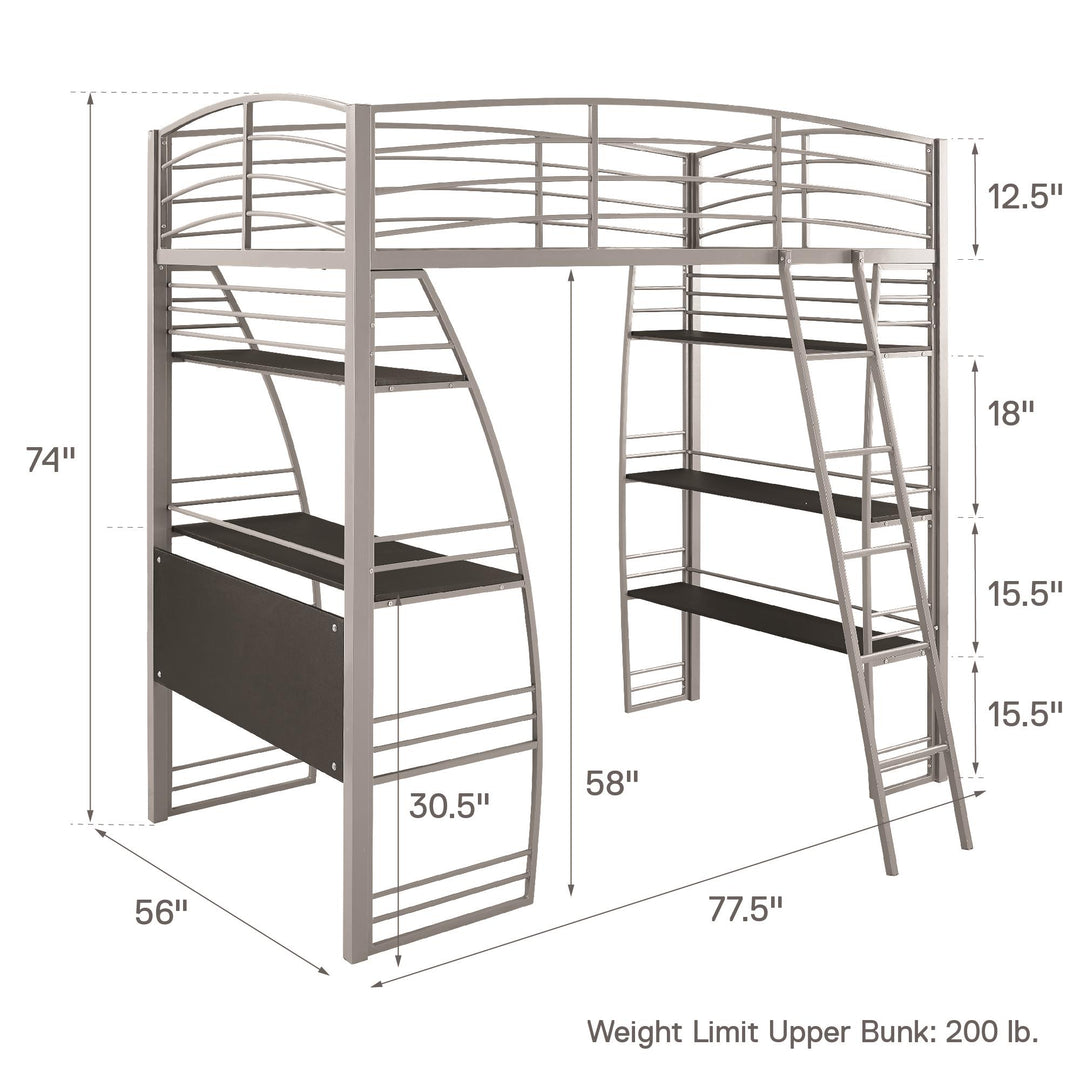 Sage Studio Twin Loft Bed with Integrated Desk and Shelves - Silver - Twin