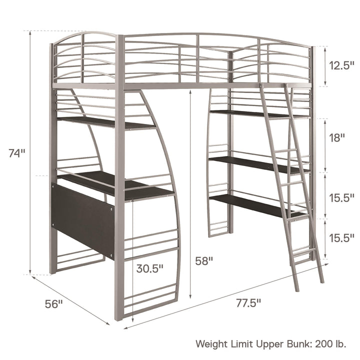 Sage Studio Twin Loft Bed with Integrated Desk and Shelves - Silver - Twin