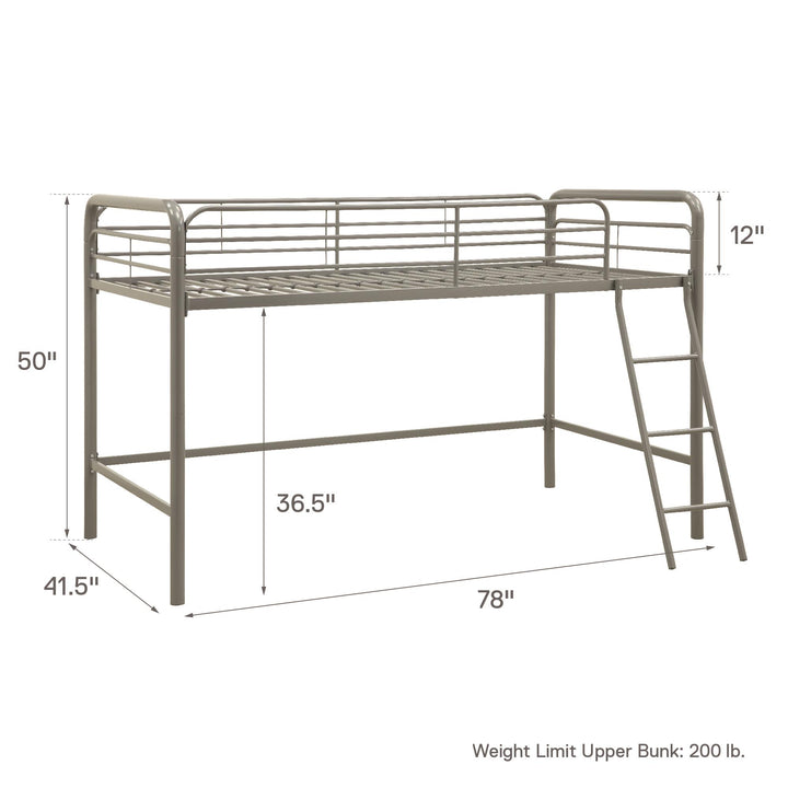 Jett Junior Loft Bed with Metal Frame and Built-In Ladder - Silver - Twin