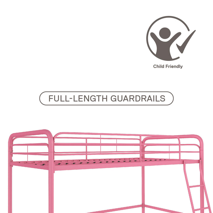 Jett Junior Loft Bed with Metal Frame and Built-In Ladder - Pink - Twin